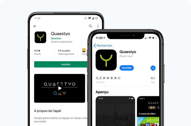 Prévisualisation de la fiche store de l'application Quaestyo sur iOS et Android