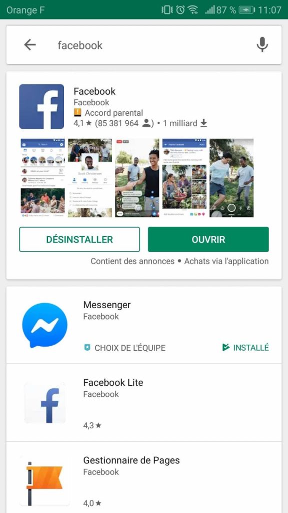 Exemple de fiche sur le Play Store : Facebook