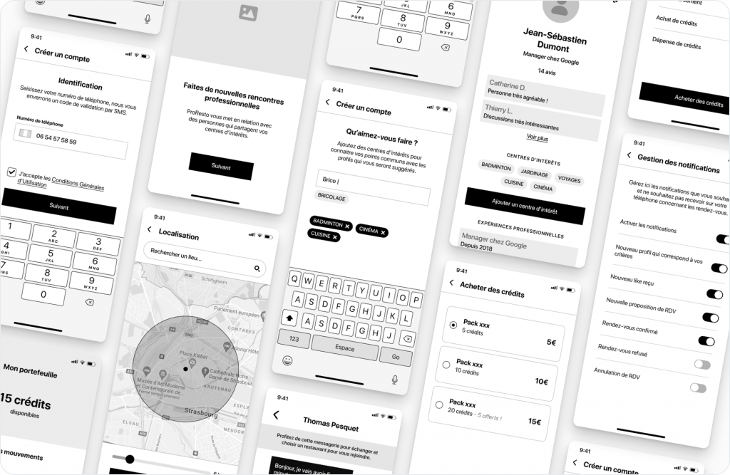 Aperçu de quelques écrans d'un wireframe pour une application mobile.