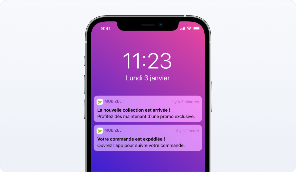 Deux exemples de notifications push pour une application mobile e-commerce, l'une faisant la promotion de la nouvelle collection, l'autre informant de l'expédition d'une commande.